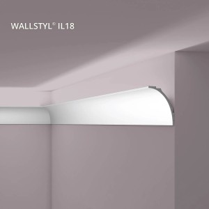 Graue NOEL & MARQUET IL18 WALLSTYL Eckleiste für indirekte Beleuchtung, montiert an Wand und Decke.