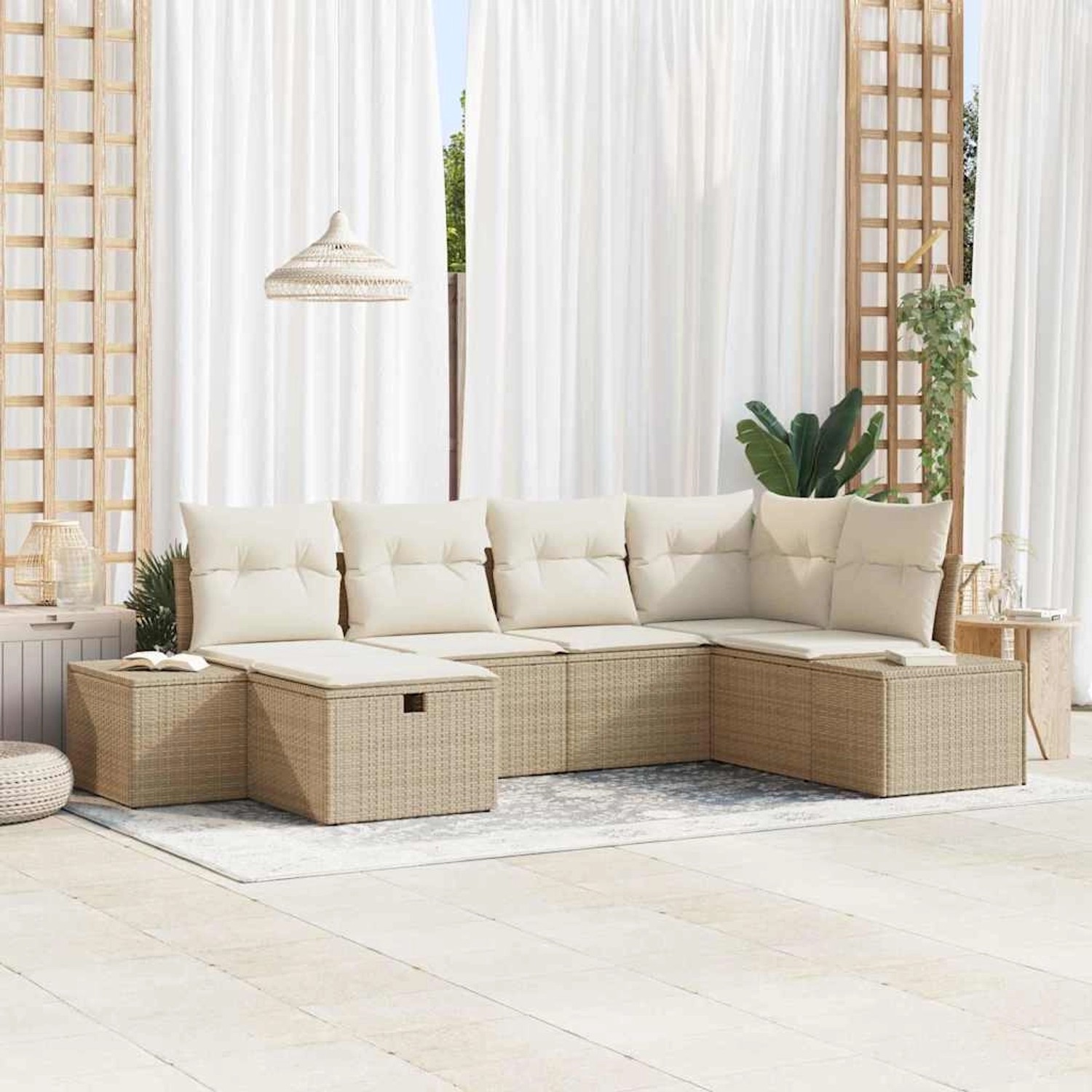 Beiges 6-teiliges vidaXL Garten-Sofa-Set aus Polyrattan mit Kissen und Stauraum.