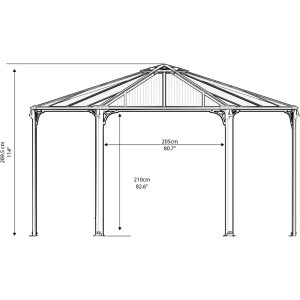 Skizze des Palram Canopia Monaco Pavillons in Anthrazit mit Maßangaben.