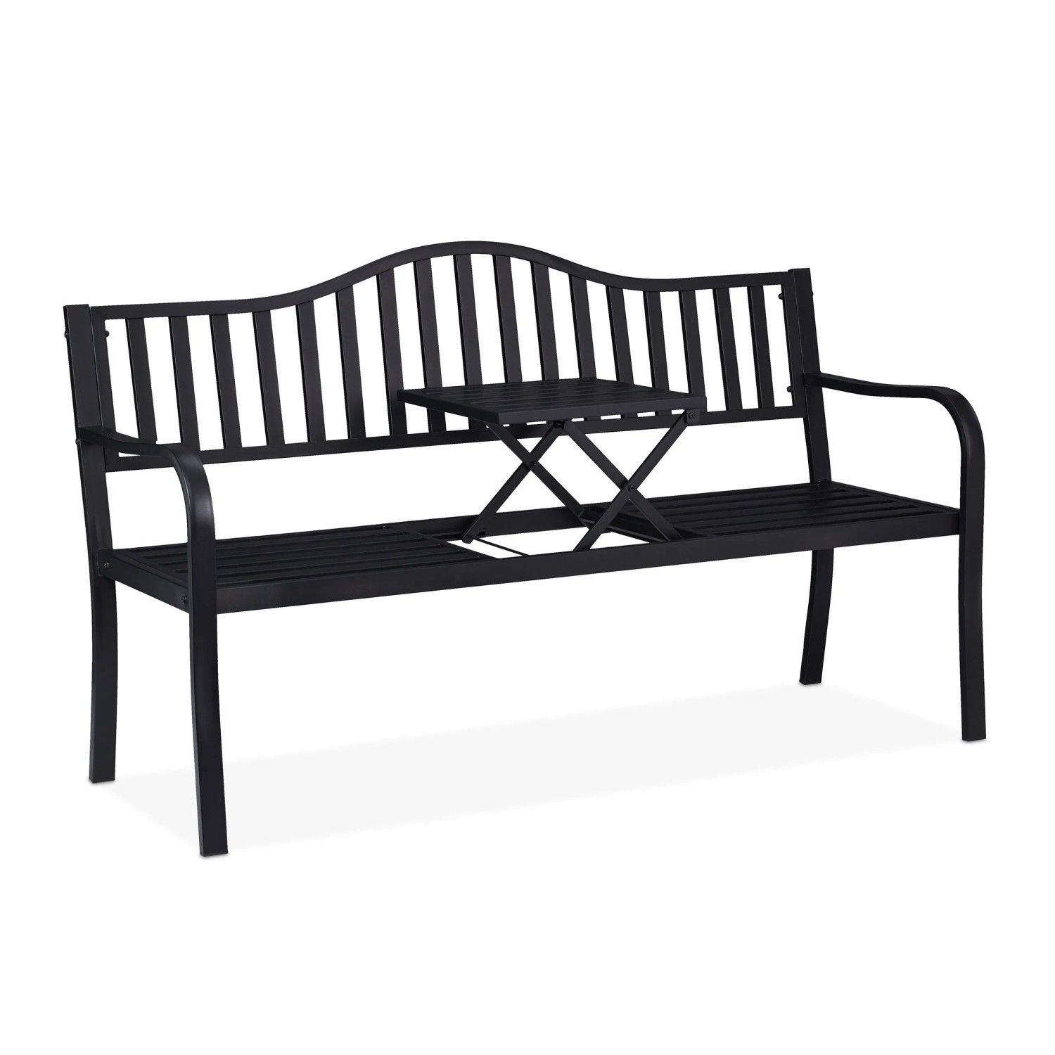 Relaxdays Gartenbank Stahl Schwarz mit Klapptisch 89 cm x 150 cm x 58,5 cm 17 kg