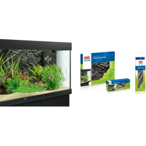 Juwel Aquarium-Rückwand Stone Granite Schwarz, 60x55cm, im Aquarium und in der Verpackung.