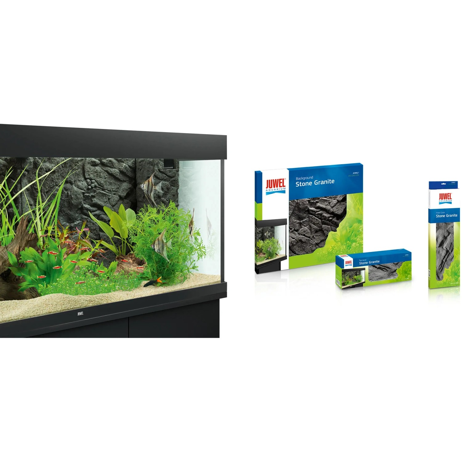 Juwel Aquarium-Rückwand Stone Granite Schwarz, 60x55cm, im Aquarium und in der Verpackung.