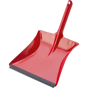 Rote LUX Kehrschaufel aus Metall mit Gummilippe und Aufhängeloch für Reinigungsarbeiten.
