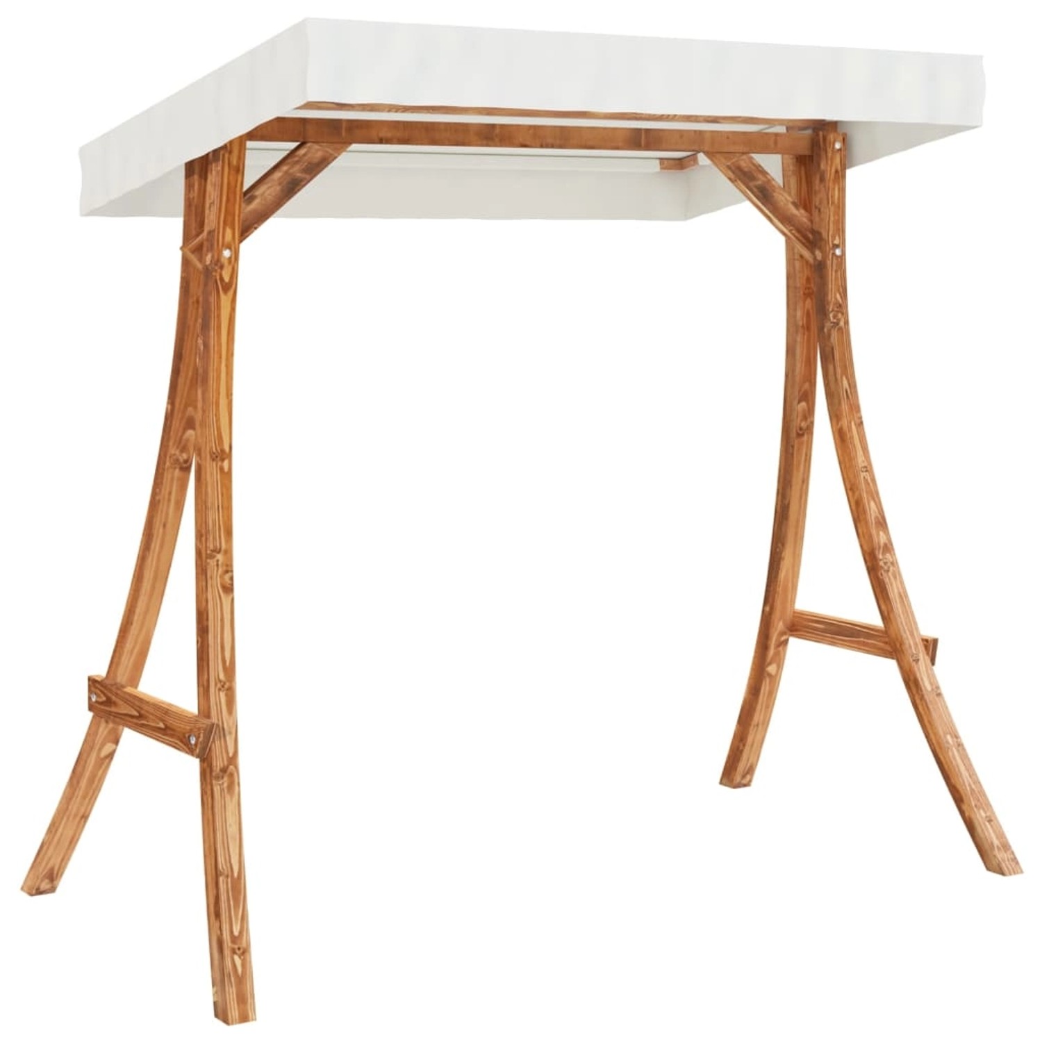 Hollywoodschaukel Gestell aus Fichte mit Teak-Finish und creme farbenem Dach.