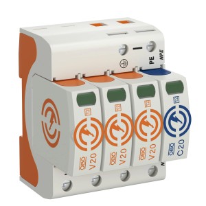 OBO Bettermann Überspannungsableiter V20, 3-polig+NPE, 280V, weiß-orange, modular, mit Statusanzeige.