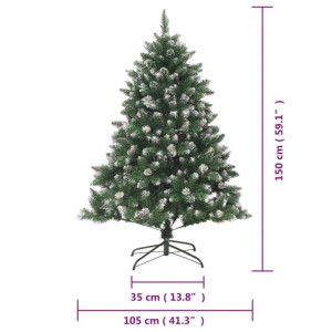 Künstlicher, beschneiter Weihnachtsbaum, 150 cm hoch, mit Zapfen und Stahlständer.