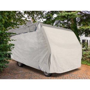 Graue Wohnmobil-Schutzhülle (ca. 710x235x270cm) schützt vor Witterung und Schmutz.