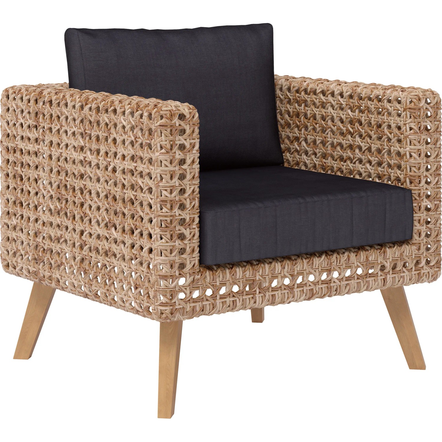 Sessel aus Polyrattan in Natur mit anthrazitfarbenen Kissen, Teil des Lounge-Sets Junee.