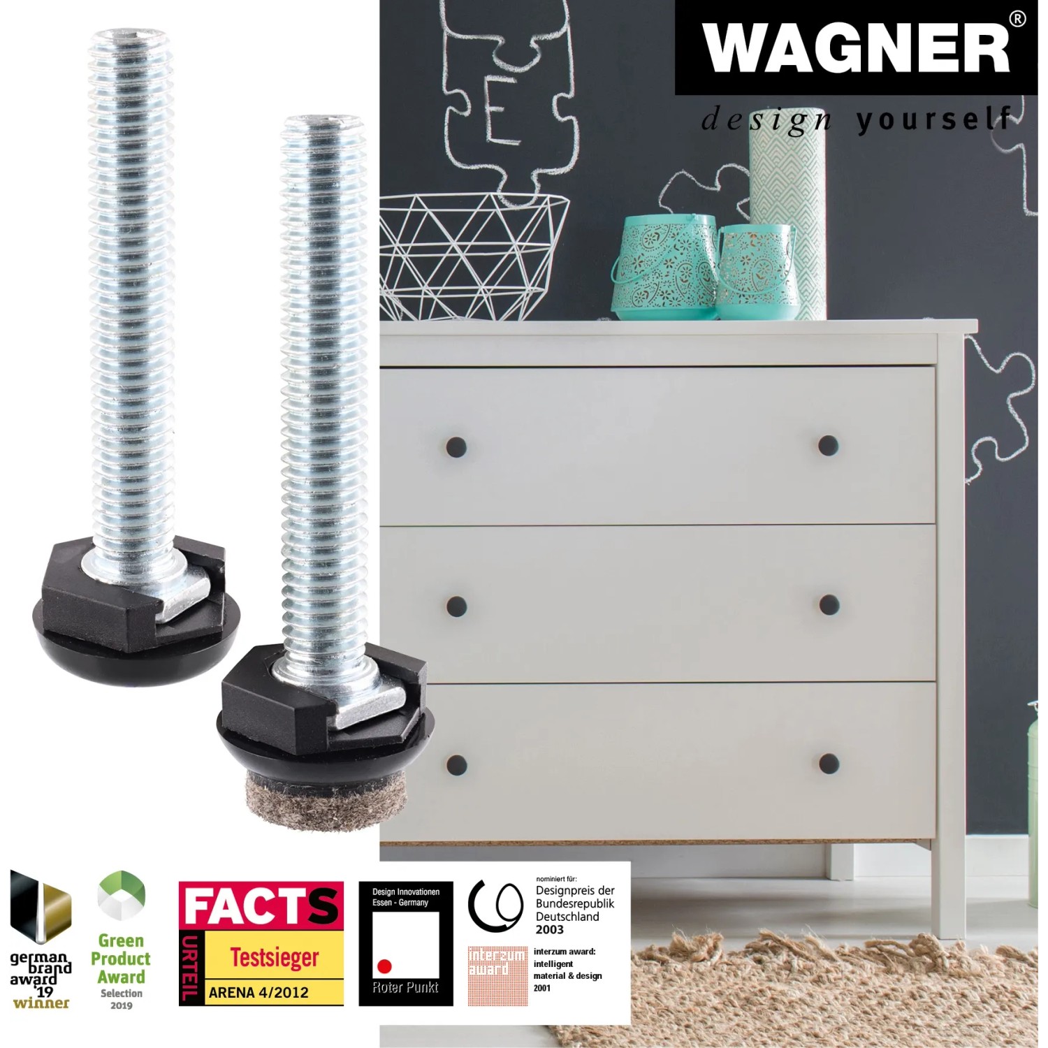 Wagner Verstellfüße Justus Slim QuickClick, 4er Set Möbelbeine mit Gleiteinsätzen, 5,7 cm.