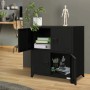 Schwarzer ML-Design Aktenschrank aus Stahl mit offenen Türen und Büroartikeln.