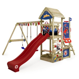 Wickey Spielturm Disney Adventure mit roter Rutsche, Schaukel und Kletterwand.