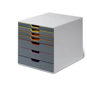 Durable Schubladenbox A4 Varicolor mit 7 Fächern in Grau und bunten Akzenten.