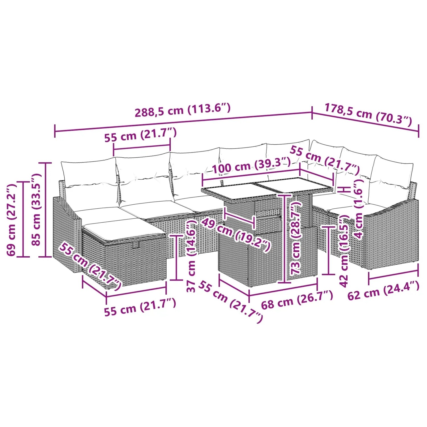 vidaXL Garten-Sofa-Set, 9-teilig, schwarz, Poly Rattan, mit Maßangaben.