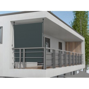 Anthrazit Vertikalmarkise 1,5x2m als Sicht- und Windschutz auf einem Balkon.