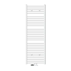 Weißer, gebogener Badheizkörper 600x1800 mm mit Eck-Anschlussgarnitur von ECD Germany.