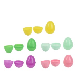 Decoris Ostereier Set in Pastellfarben: gelb, grün, blau, lila, rosa. Hohl, zweiteilig, aus Polystyrol.