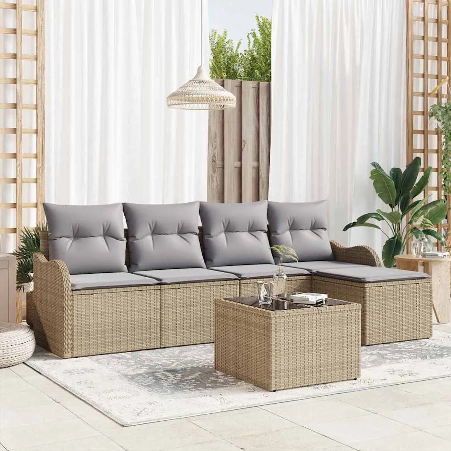 Beiges 6-tlg. vidaXL Garten-Sofa-Set aus Poly Rattan mit Kissen und Tisch.