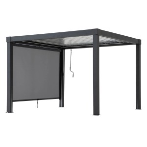 Sunjoy Rollo für Multi-Pergola Matterhorn 3m, graues Textilgewebe, teilweise heruntergelassen.