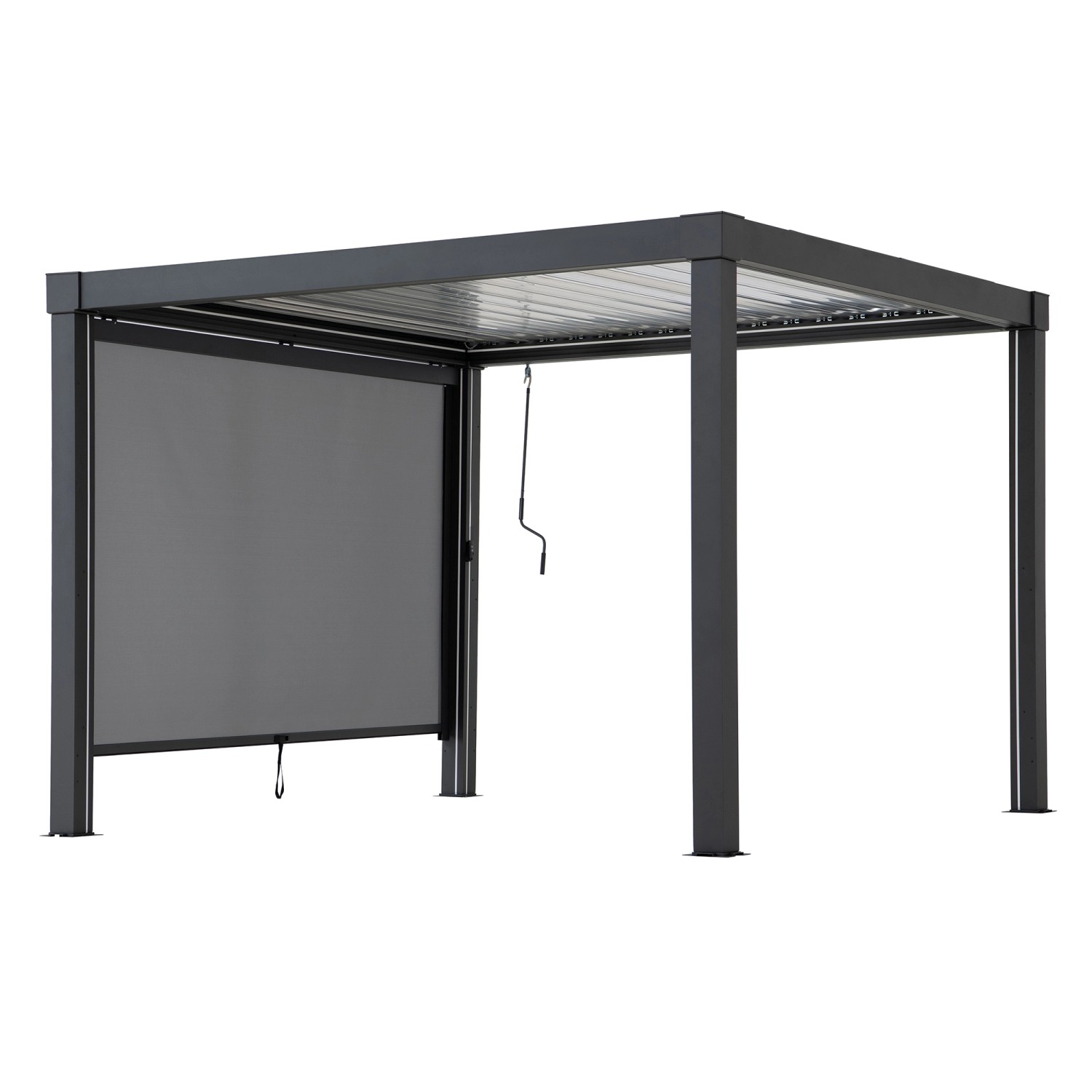 Sunjoy Rollo für Multi-Pergola Matterhorn 3m, graues Textilgewebe, teilweise heruntergelassen.