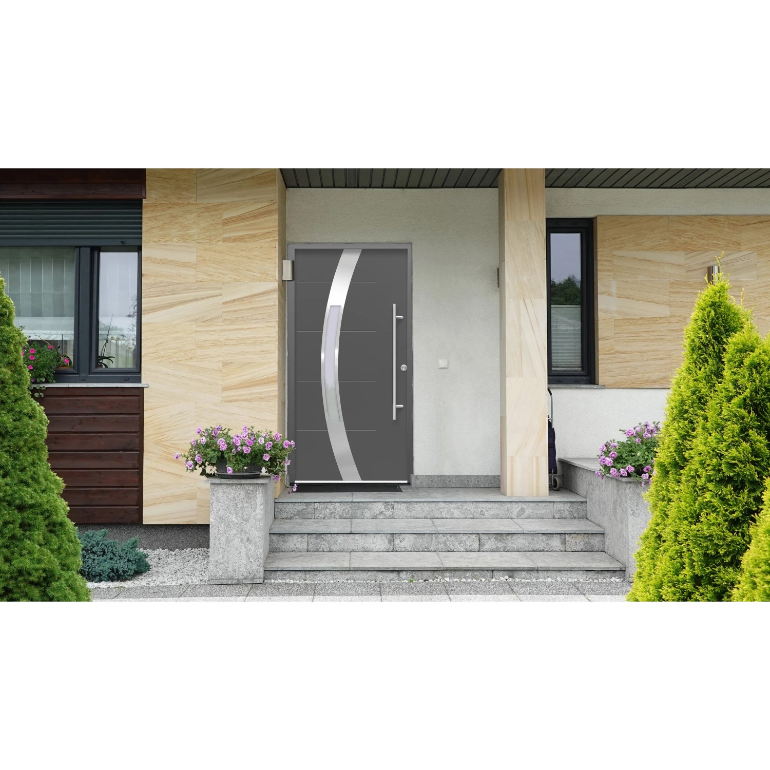 Anthrazitfarbene Haustür Thermospace Prag Prime mit Edelstahlgriff und Glaseinsatz, Rechtsanschlag.