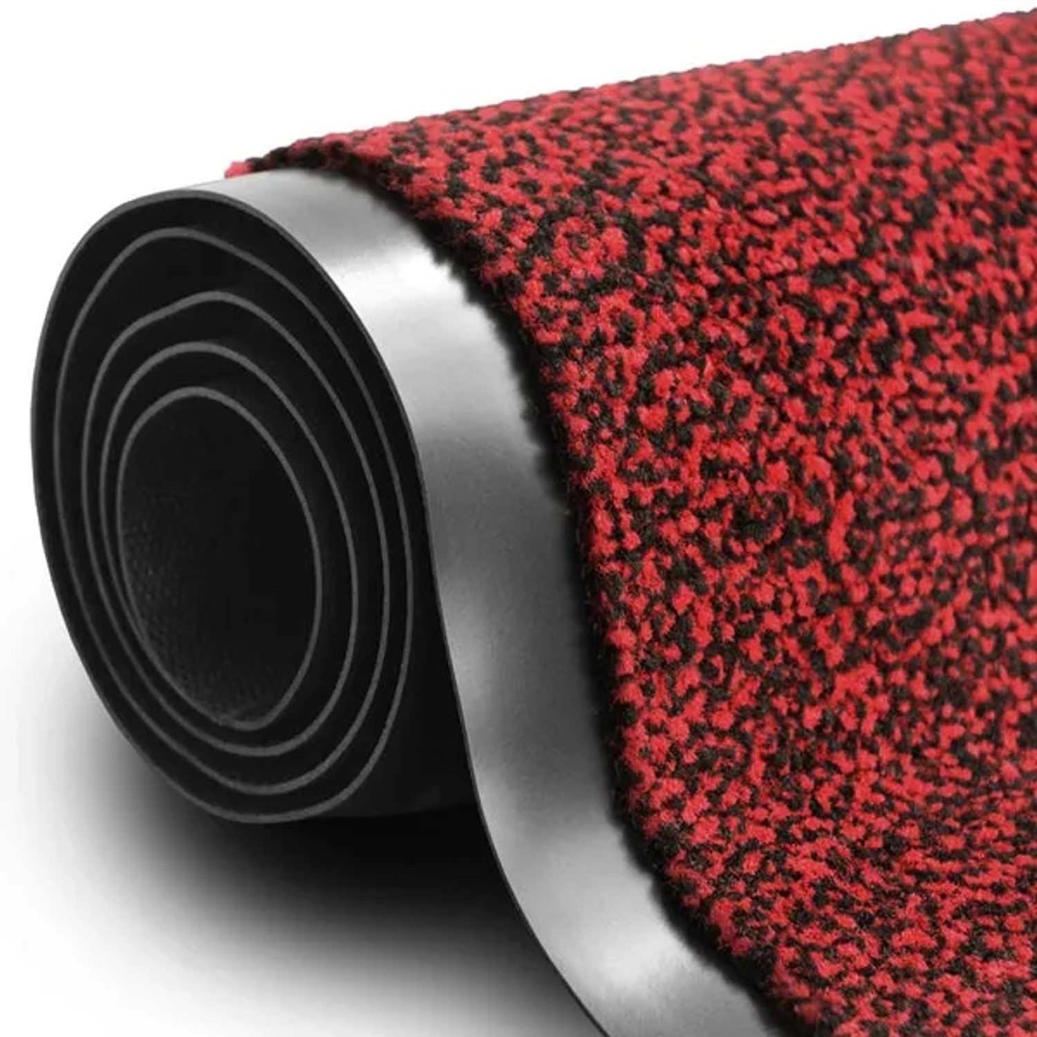 Gerollte, rote Karat Schmutzfangmatte SKY 90x150 cm mit schwarzem Muster und Vinyl-Rückseite.
