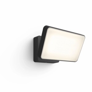 Philips Hue Discover Flutlicht, schwarz, an weißer Wand. Smarte Außenleuchte mit hellem White & Color Licht.