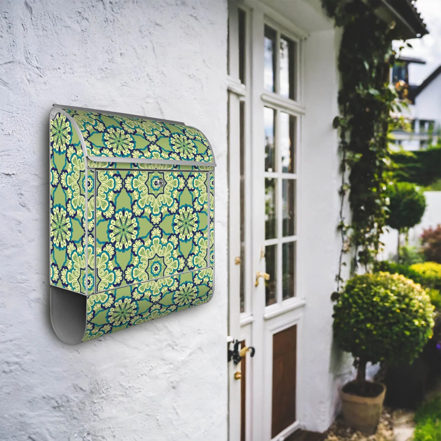 Banjado Design Briefkasten Silber Pulverbeschichtet 39x47x14cm 2 Schlüssel Mit Zeitungsfach Motiv Kaleidoscop Grün_2