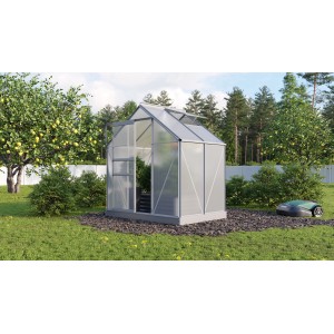 Vitavia Gewächshaus Planet 2500 mit HKP Verglasung und Alurahmen im Garten.