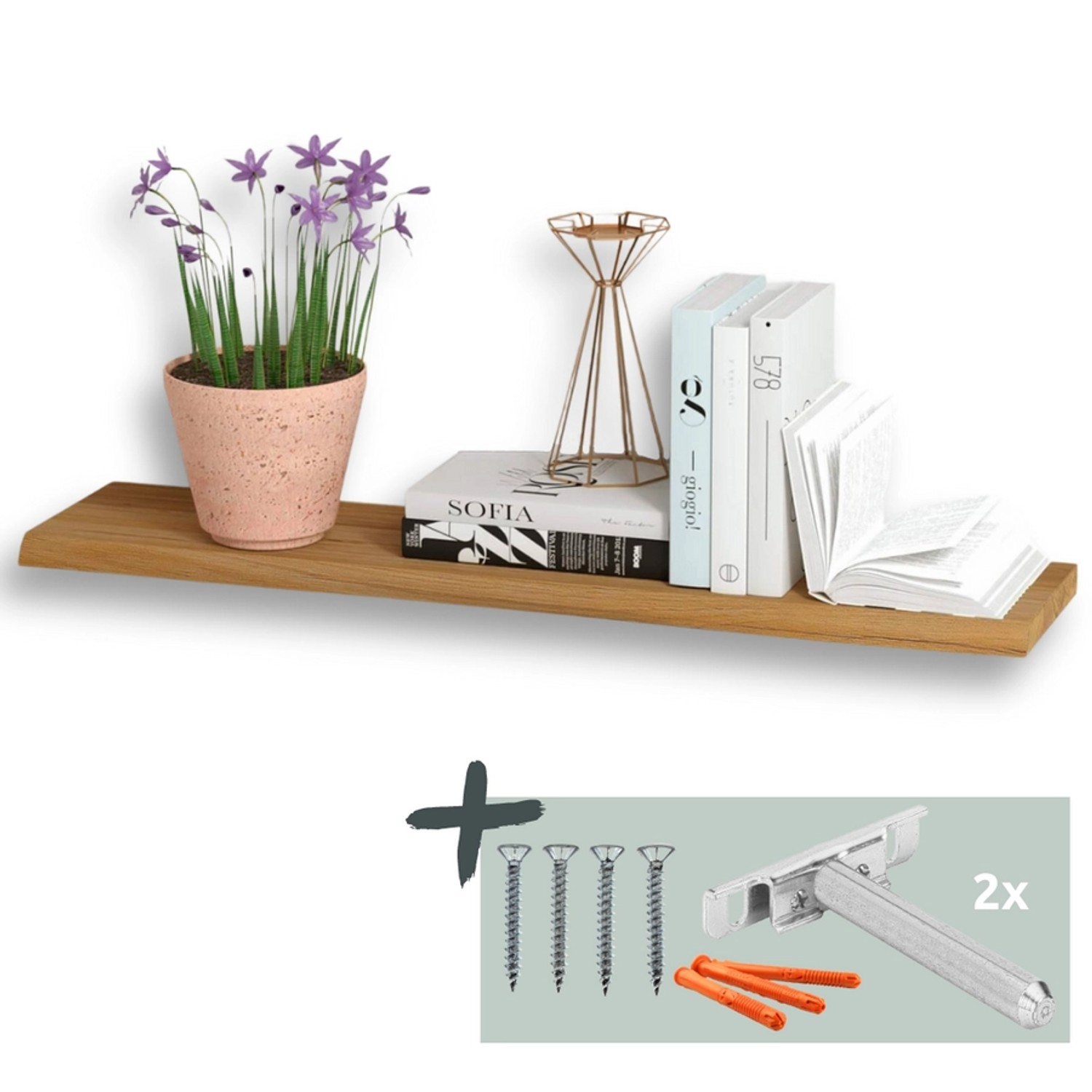 Holz4home Wandregal Eiche 40cm mit Baumkante, inklusive Montagezubehör. Dekoriert mit Büchern und Pflanze.