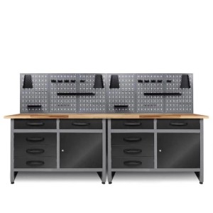 Ondis24 Werkstatt Set Holger 240cm mit Werkbänken, Lochwänden und Hakenset für Werkstatteinrichtung.