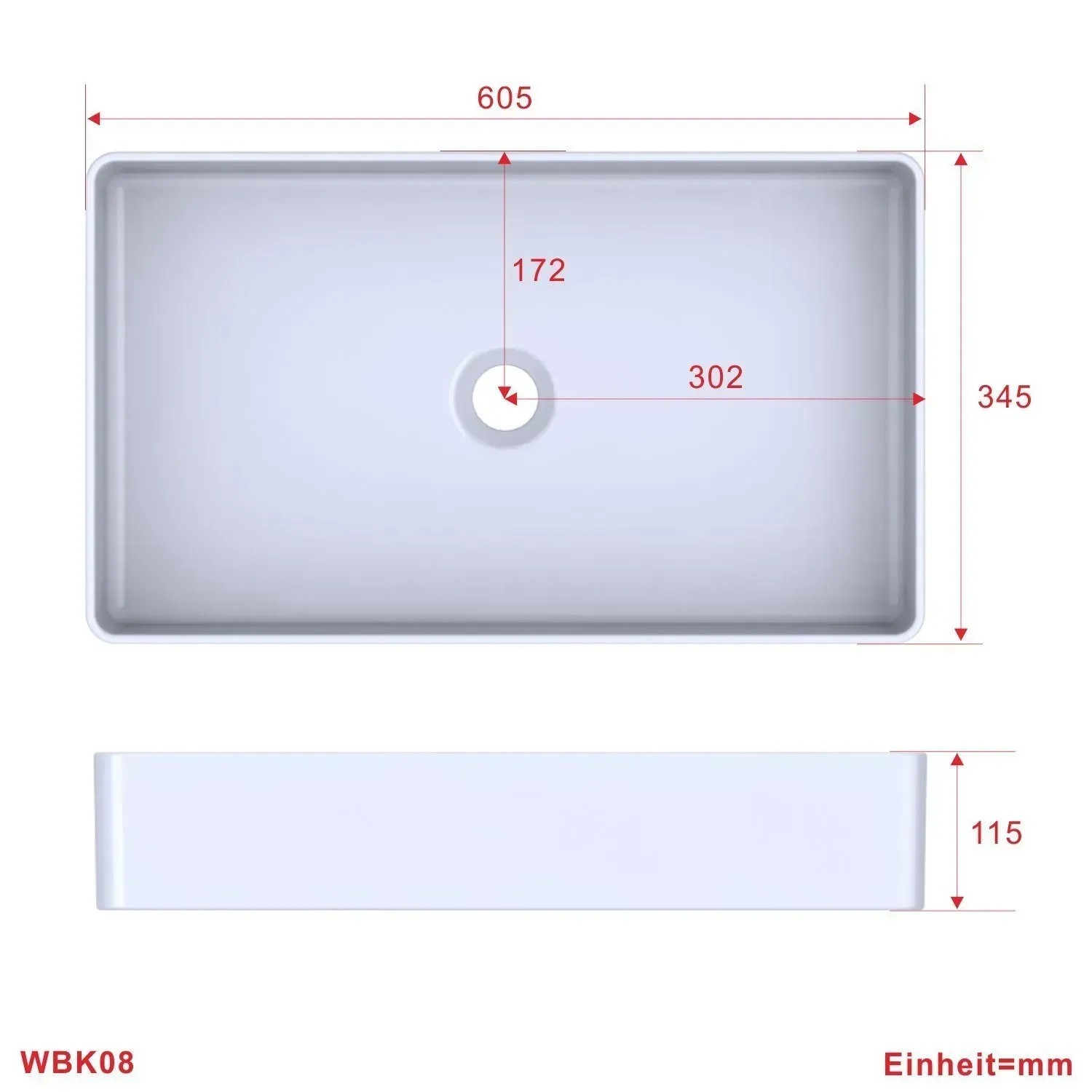 Skizze des weißen Aquabatos Aufsatzwaschbeckens mit Maßangaben für Bad oder Gäste-WC.