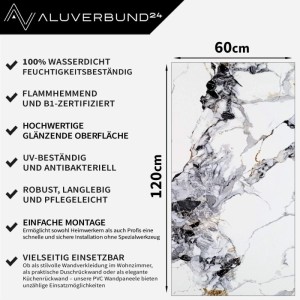 Hochglanz Wandpaneel Arabescato White in Marmor Optik, 60x120cm, für Bad und Küche.