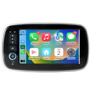 Junsun 8 Zoll Autoradio für Smart 453. Schwarzes Touchscreen-Display mit CarPlay-Oberfläche und seitlichen Bedientasten.