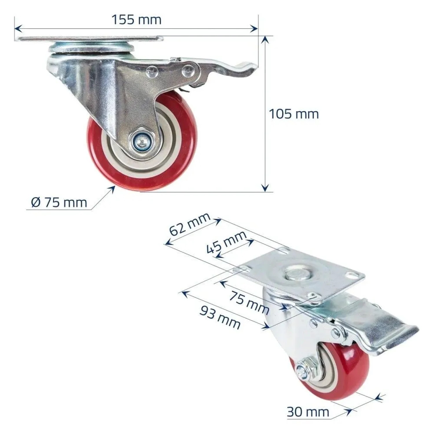 HMF 6710 Schwerlastrollen Bremse Polyurethan 4 Stück 75 mm bis 400 kg Rot_2