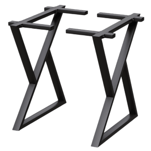 Zwei schwarze, moderne Doppel Dreieck Tischgestelle aus Metall für Esstische.