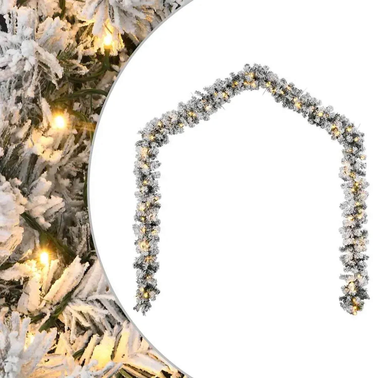 5m grüne Weihnachtsgirlande mit warmweißen LED-Lichtern, beflockt mit Kunstschnee. Für Innen- & Außenbereiche.