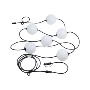 Paulmann LED-Lichterkette Naima Plug & Shine Basisset mit 6 weißen Lichtkugeln und schwarzem Kabel.