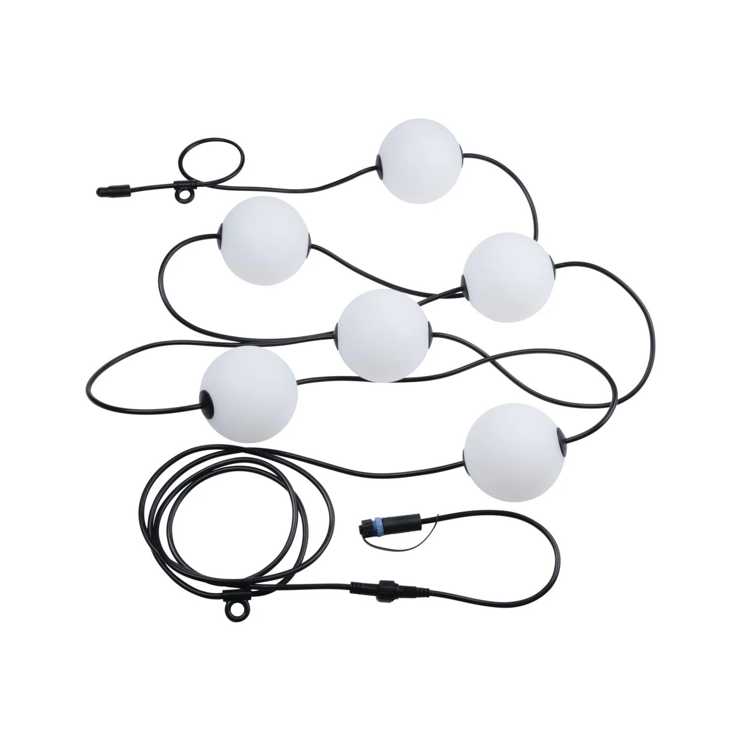 Paulmann LED-Lichterkette Naima Plug & Shine Basisset mit 6 weißen Lichtkugeln und schwarzem Kabel.