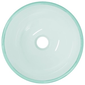 Rundes Waschbecken aus Hartglas, hellblau-grün, 30 cm Durchmesser, mit mittigem Abfluss.