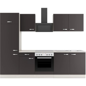 OPTIFIT Faro220 Küchenzeile, 270 cm, Anthrazit mit E-Geräten und Spüle.