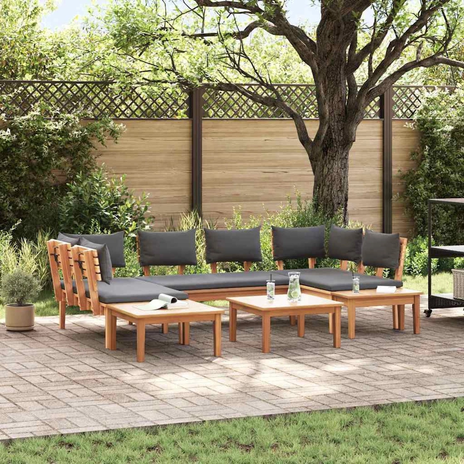 Braunes vidaXL Gartenbänke Set mit grauen Kissen und Stauraum, 4-teilig. Gartenmöbel für Terrasse und Garten.