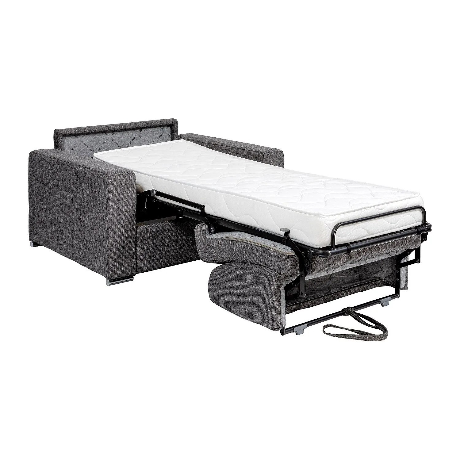 Grauer Schlafsessel Calito, als Einzelbett ausgeklappt, mit weißer Matratze. Kompakter Relaxsessel.