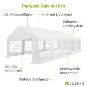 Weißes Juskys Partyzelt Gala 4x10 m mit Stahlgestell und abnehmbaren Seitenwänden.