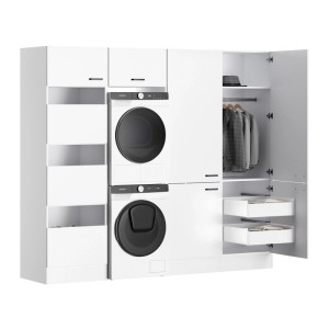 Weißes OPTIFIT Waschsäulen-Set Bonn214 mit Waschmaschine, Trockner und Schränken für den Hauswirtschaftsraum.