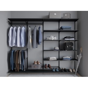 Schwarze Metall-Kleiderstange (60cm) in Regalsystem mit Kleidung und Accessoires.