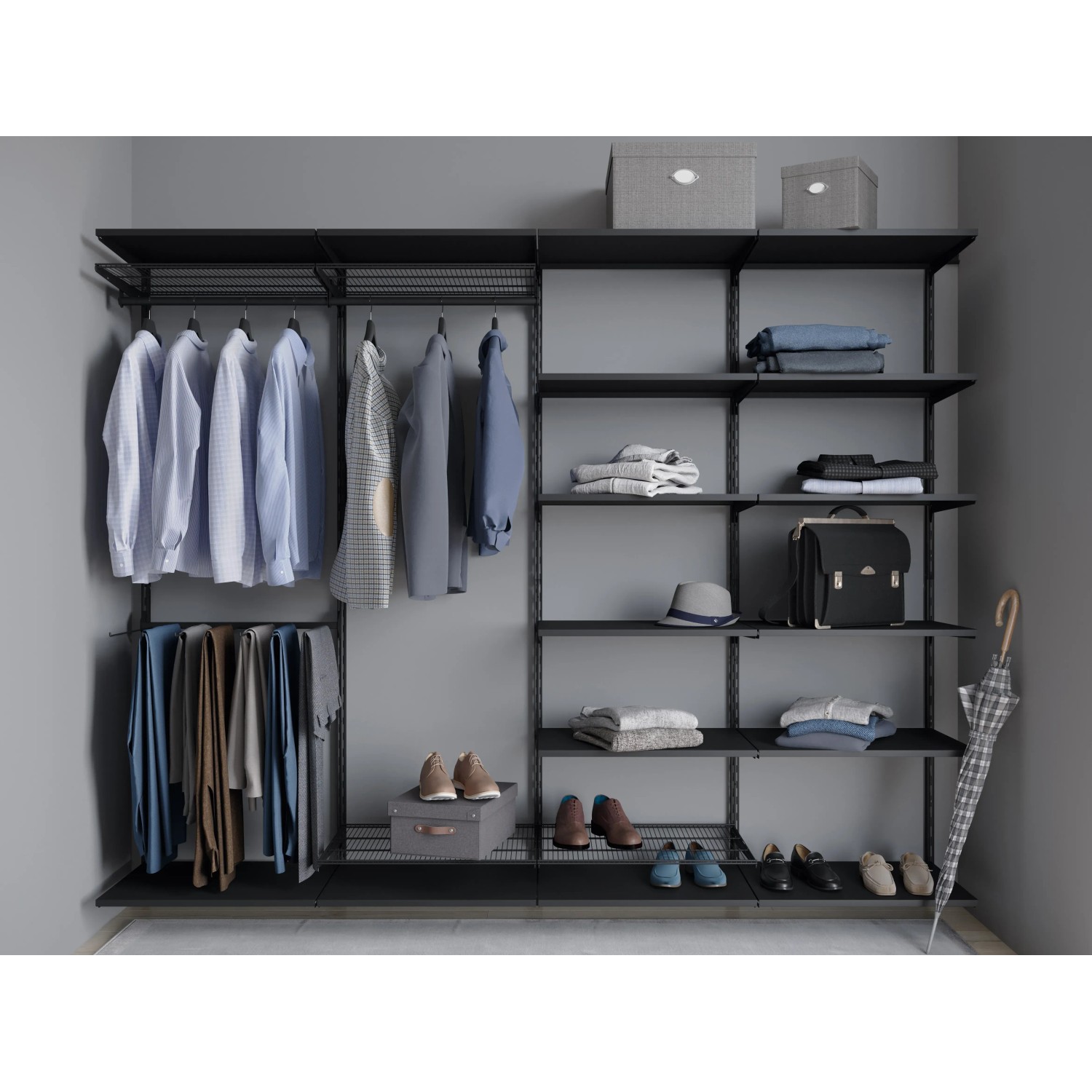 Schwarze Metall-Kleiderstange (60cm) in Regalsystem mit Kleidung und Accessoires.