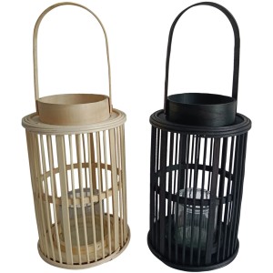 Windlicht Irlo von Boltze, 26 cm, aus Bambus in Natur und Schwarz. Dekoration für Innen und Außen.