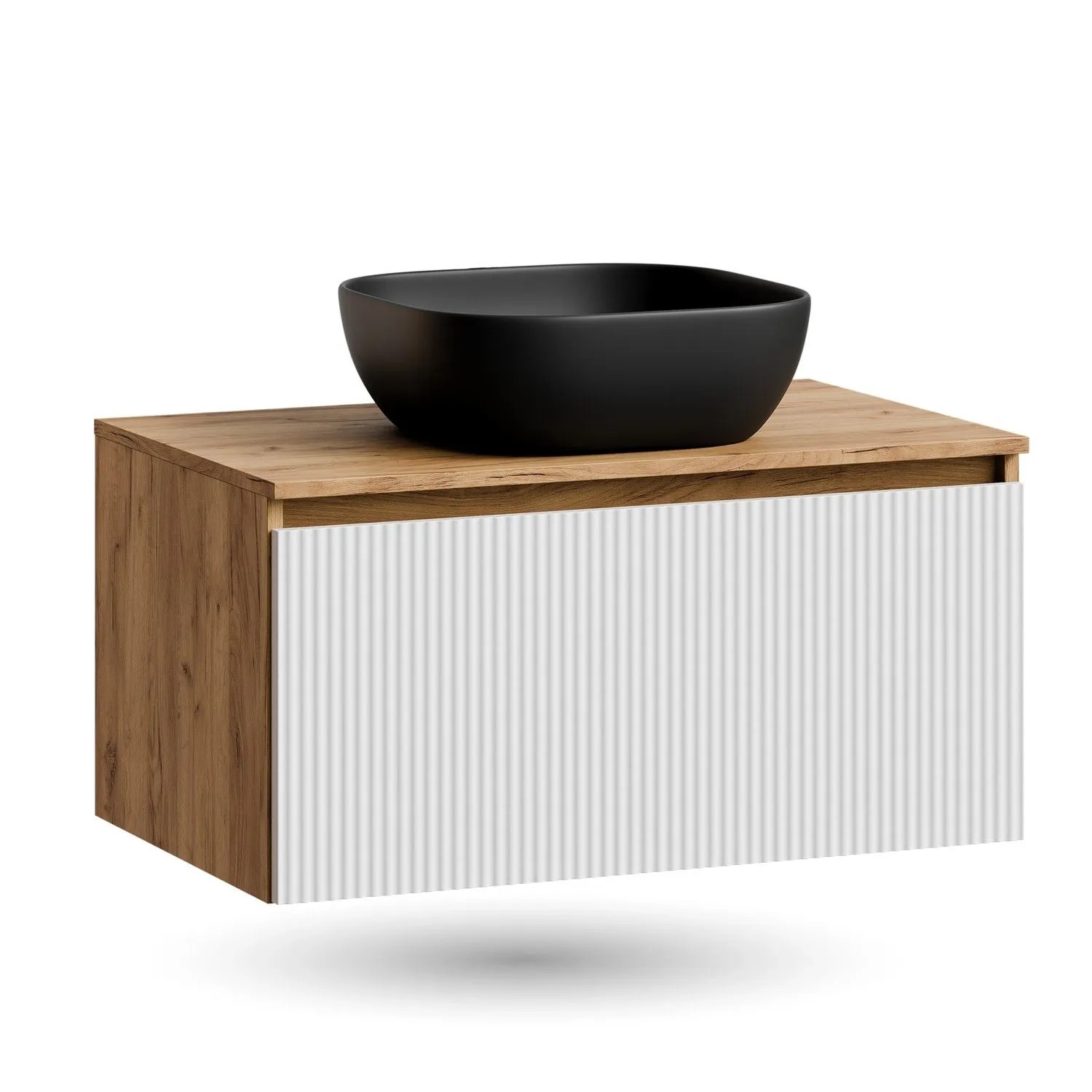 Planetmöbel ARISA Waschtischunterschrank 80 cm Weiß Geriffelt mit Keramik Aufsatzwaschbecken 42 cm Schwarz Soft Close