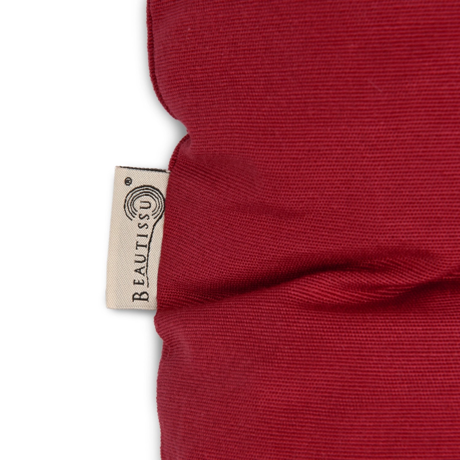 Detailaufnahme: Rotes Beautissu Bankpolster Flair BK 150x50cm mit Etikett. Sitzkissen für Gartenbank.