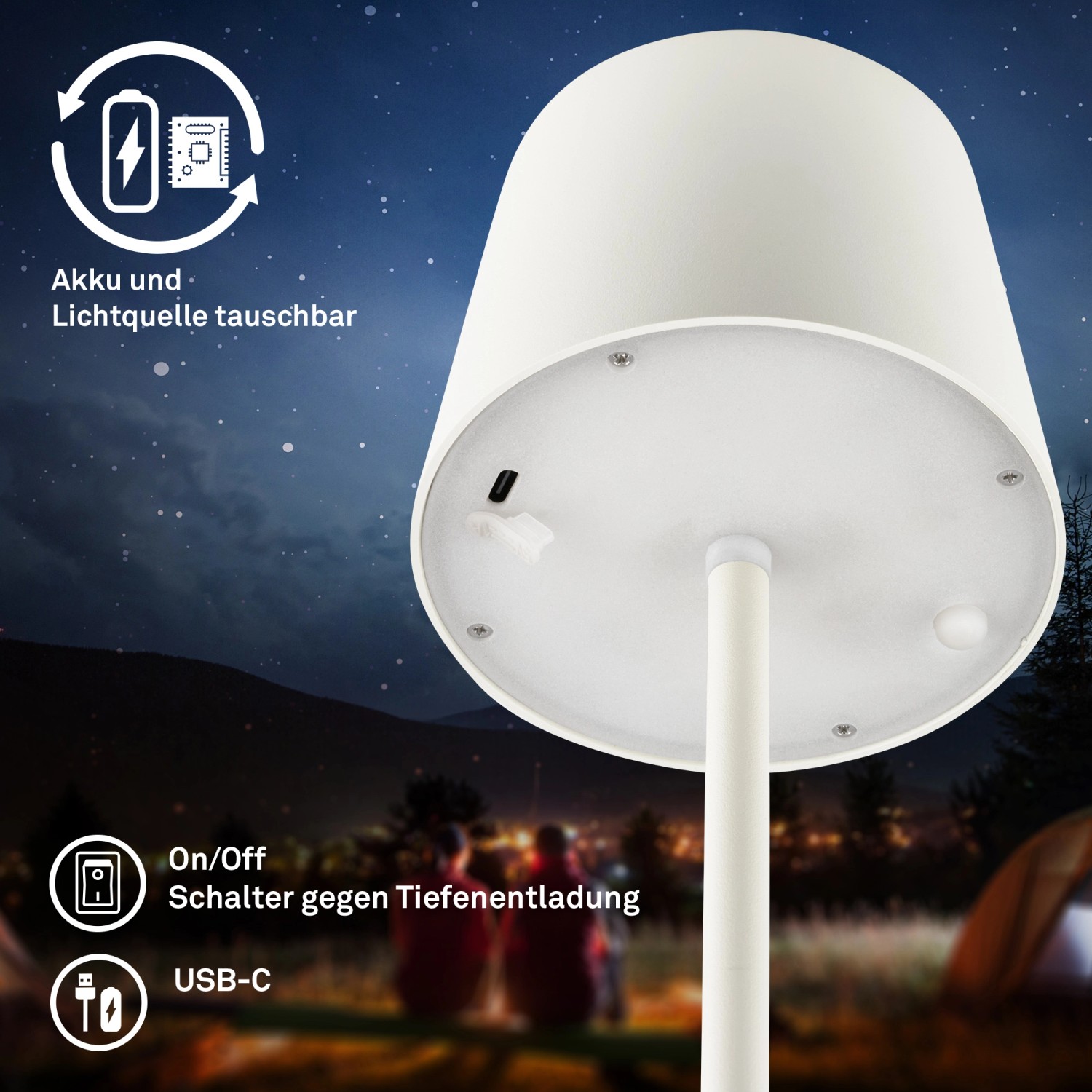 Brilo Akku-LED-Tischleuchte Bota altweiß, Details wie USB-C Anschluss und Schalter gegen Tiefenentladung.